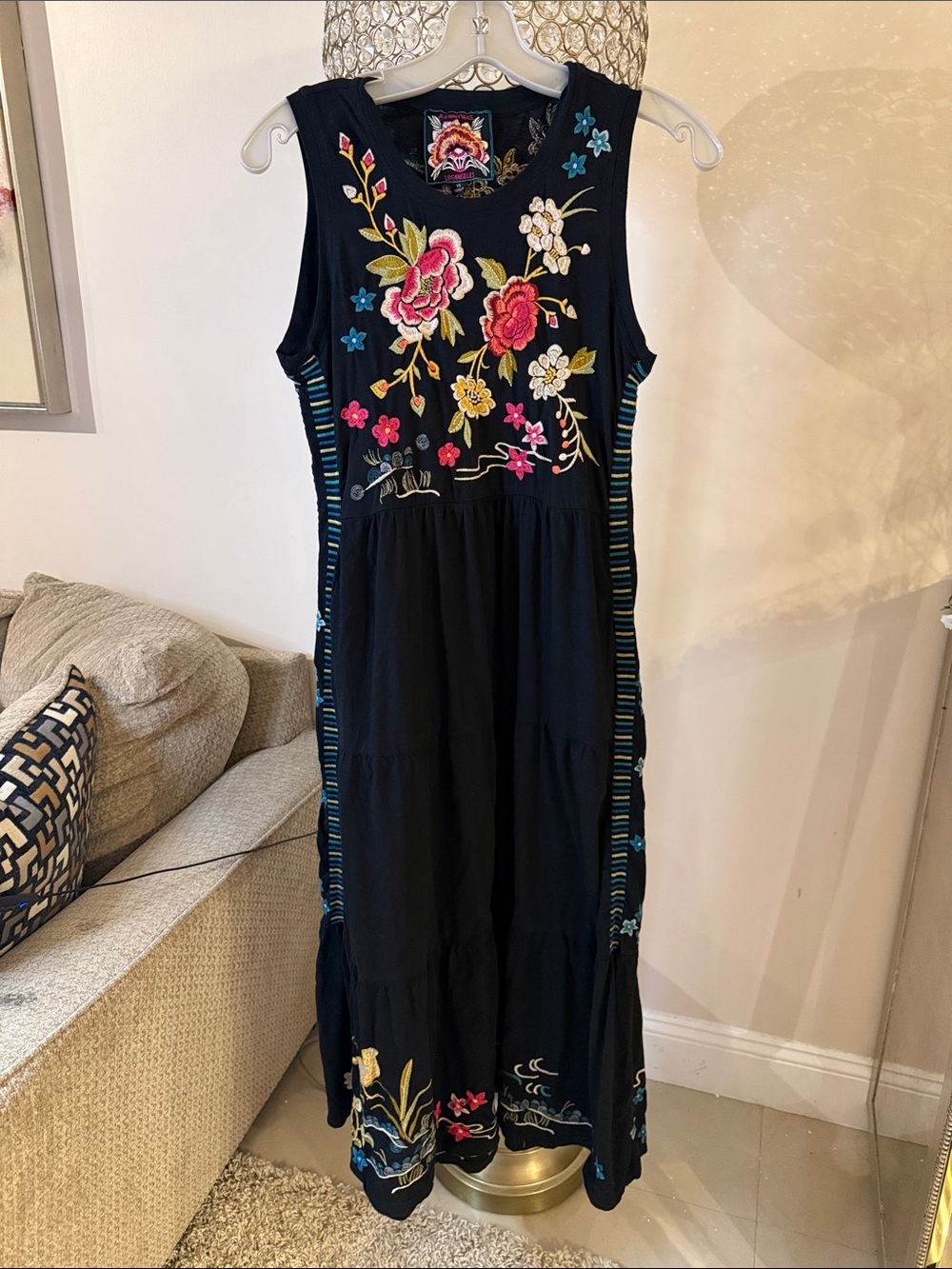 Johnny Was Black Embroidered Floral Maxi Dress XS - Picture 5 of 8